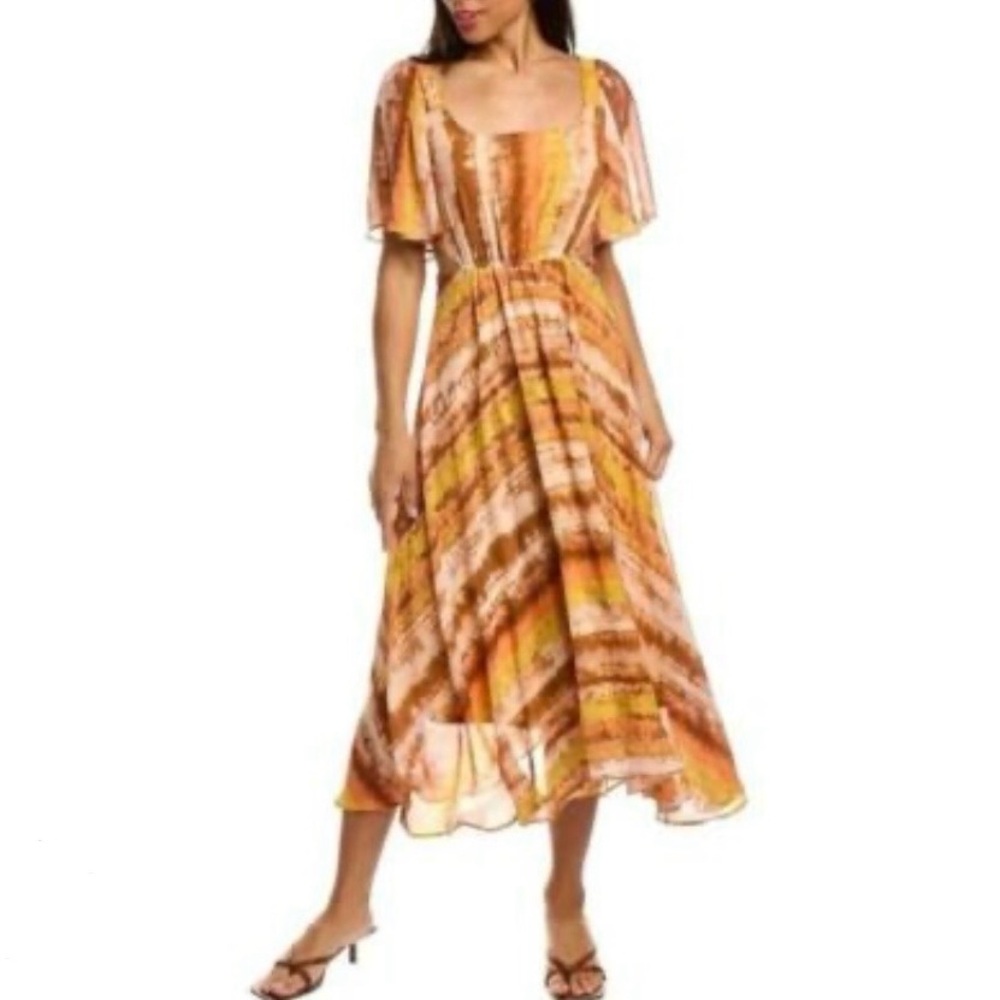 NWT Taylor Cutouts Printed Chiffon Midi Flare Dress with Waist Drawstring